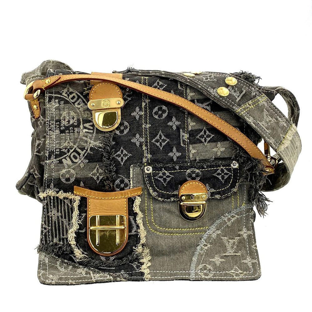 LOUIS VUITTON Posty Shoulder Bag Monogram Denim Patchwork Black Gray